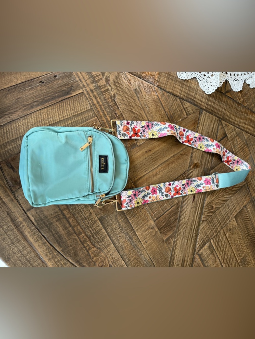 Kedzie Mint Crossbody Bag with Floral Strap - Picture 2 of 10